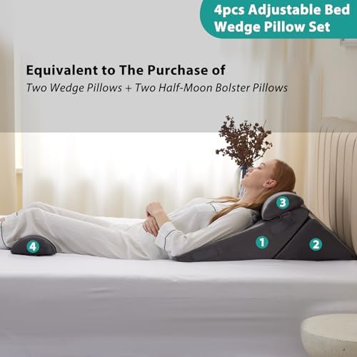 Bedluxe Adjustable 4pcs Bed Wedge Pillow Set, Memory Foam Wedge Pillows Post Surgery for Back, Neck, Leg Pain Relief, Pillow Wedge for Sleeping, Sitting up in Bed, Acid Reflux and GERD, Velvet - Image 5