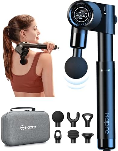 NAPRE Foldable Massage Gun Deep Tissue with 5 Adjustable Angles,Handheld Percussion Back Massager for Muscle/Neck/Body Pain Relief with Long Extension Handle,32-Speeds,6 Heads,with Case by Napre
