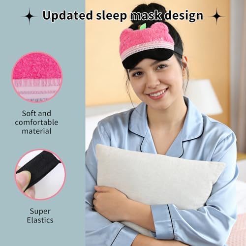 PERFECTSIGHT Sleep Eye Masks, Cute Bear Plush Sleep Eye Cover Lightweight Adjustable Eyeshade Faux Fur Mask Cover for Women Men Kids Sleep Travel Nap, Rose Pink Cake - Image 4