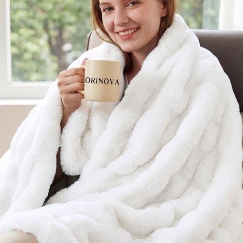 ORINOVA White Faux Rabbit Fur Throw Blanket for Bed Living Room 50x60 Thick Soft Throw Blanket Fluffy Bed Furry Best Housewarming Home Gifts 860 GSM by ORINOVA