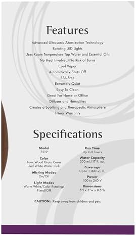 NOW Foods Essential Oils, Ultrasonic Faux Wood Aromatherapy Oil Diffuser, Contemporary Design, Extremely Quiet Heat Free, Color Changing LED Diffuser - Image 2