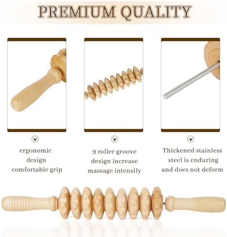 Liitrton Manual Wooden Massage Roller Stick for Muscle Relief, 9‑Wheel - Image 6