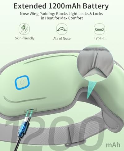 Eye Massager with Heat and Compression - Avocado Green Heated Eye Mask with Vibration, Bluetooth Music, 6 Modes, Rechargeable 1200mAh Battery for Eye Strain, Dry Eyes, Migraines Relief - Image 6