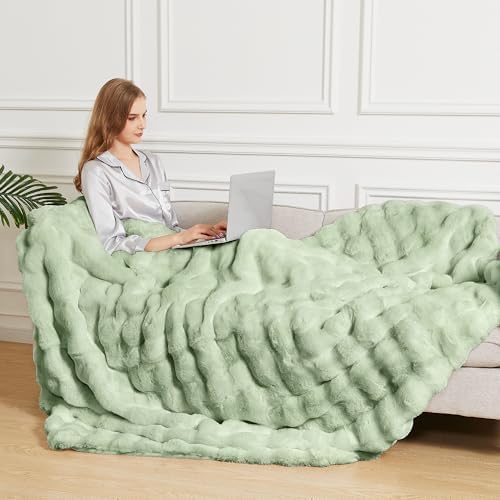 ORINOVA Sage Green Twin Size Blanket for Bed, 60x80 Ultra Soft Faux Rabbit Fur, Fuzzy Fluffy Plush Bubble Texture, Cozy Warm Reversible Throw for Couch, Bedroom Dorm Decor, Gifts for Women - Image 4