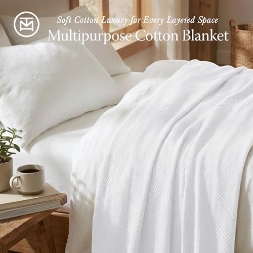 Threadmill Luxury 100% Cotton King Herringbone Blanket, Bright White - Image 2