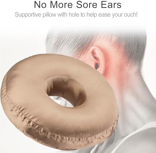 Washable Silky Satin Ear Piercing Pillow with Removable Pillowcase Smooth Cooling Donut Pillows Hole for Ear Pain Relief CNH Sleeping Pressure Sore Side Sleepers Ear Guard Protector, Taupe Cover - Image 5