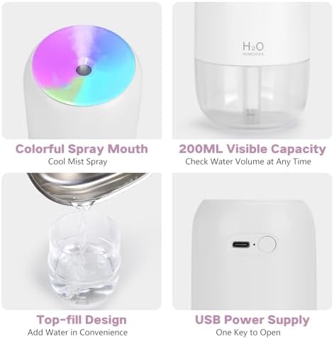 Mini Humidifiers for Bedroom, 200ml Small Humidifier for Home Plant, Room Humidifiers for Bedroom Auto Shut-off for Car Office Desktop, Gray White - Image 6