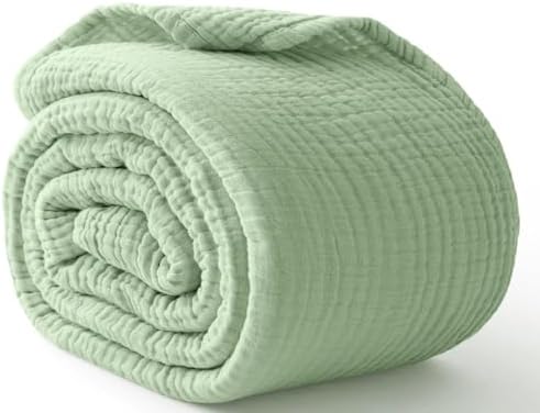 100% Cotton Muslin Blanket King 108" x 90", 6 Layers Breathable and Lightweight Cotton Throw Blanket for Bed, Soft Quilt Bedspread Coverlet, Gauze Blanket for Adults All Season, Sage Green by Kozyhvn