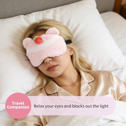 PERFECTSIGHT Sleep Eye Masks, Cute Plush Sleep Eye Cover Lightweight Adjustable Eyeshade Faux Fur Mask Cover for Women Men Kids Sleep Travel Nap, Bear Cake - Image 3