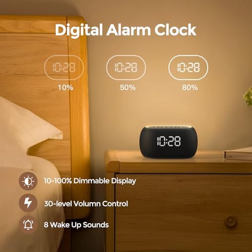 ANJANK Alarm Clock White Noise Sound Machine with Bluetooth Speaker, 21 Soothing Sounds, 7 Night Lights, 0-100% Dimmer/Sleep Timer/Volume Control, Small Design for Kids Adults Sleeping,Bedroom (Black) - Image 6