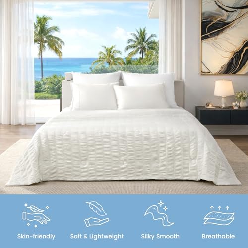 Cozy Bliss Vertical Striped Seersucker Cooling Comforter Queen Size, Lightweight Airflow Silky Cooling Bedding with Q-Max>0.45 for Bedroom, Home Decor, Hot Sleepers & Night Sweats, White 90"x90" - Image 6