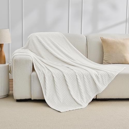 Bnuitland Fleece Throw Blanket for Couch, 300GSM Soft Warm Cozy Fluffy White Throw for Adults & Kids, Stripe Pattern 50"x60", All Season Sofa Bed Blanket for Home Decor - Image 4