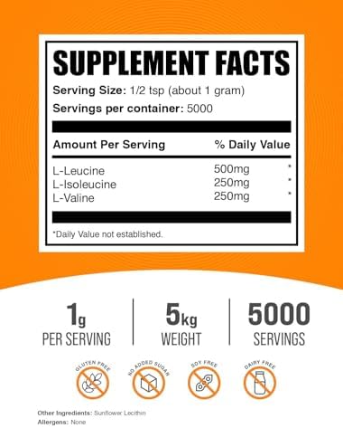BulkSupplements.com BCAA 2:1:1 Powder - Branched Chain Amino Acids, BCAAs Amino Acids Powder - Unflavored & Gluten Free, 1g per Serving, 1kg (Pack of 5) (11 lbs) - Image 2
