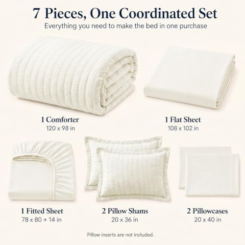 CozyLux Oversized King Comforter Set 120x98 in, 7-Piece Ivory Seersucker - Image 2