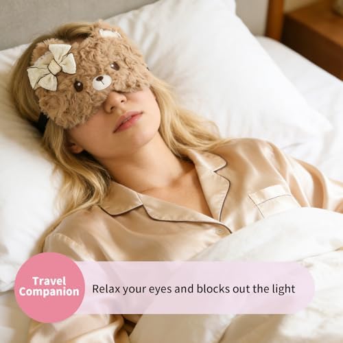 PERFECTSIGHT Sleep Eye Masks, Cute Plush Sleep Eye Cover Lightweight Adjustable Eyeshade Faux Fur Mask Cover for Women Men Sleep Travel Nap, Coffee Lace Bear - Image 4