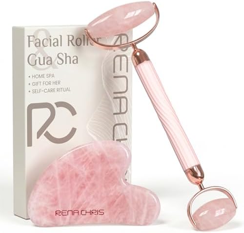 Rena Chris Gua Sha and Face Roller Set: Anti-Breakage Jade Roller for Long-Lasting Use, Jawline Sculpting and Puffiness Reducing, Gua Sha Facial Tools for Self Care Gift (Rose) by RenaChris