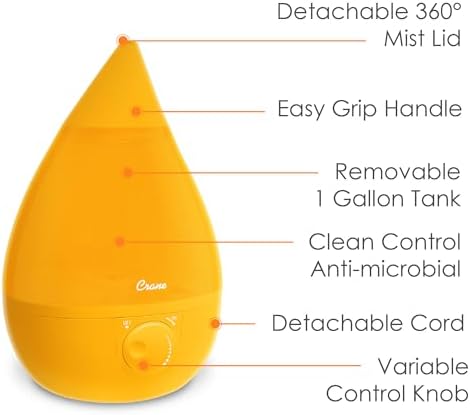 Crane Ultrasonic Cool Mist Humidifier for Bedroom, Baby Nursery, Kids Room, Plants, or Office, Large 1 Gallon Tank, Filter Optional, Orange - Image 3