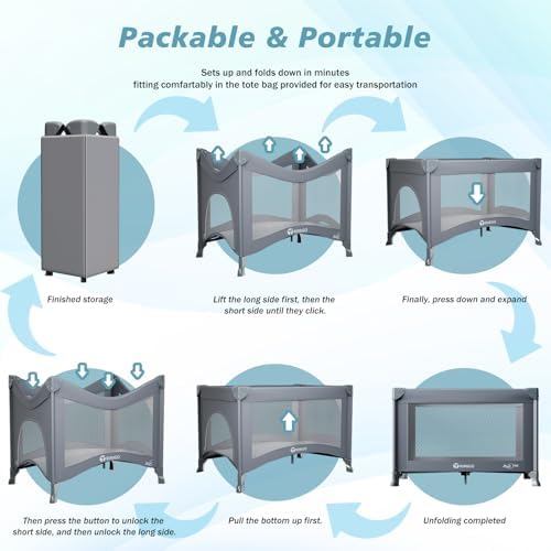 Portable Baby Playard& Playpen with Mattress, Travel Crib, Grey - Image 4