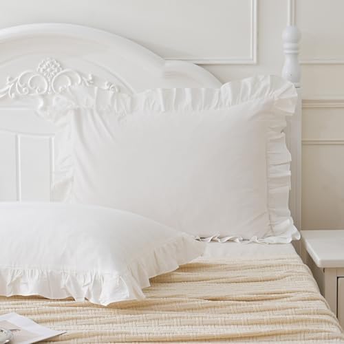 2 Pack Shabby Off White Ruffle Pillow Shams Standard Size, 20x26 Inches - Image 2