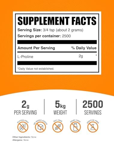 BulkSupplements.com L-Proline Powder - Proline Supplements, Amino Acid Powder - Unflavored & Gluten Free, 2g per Serving, 1kg (Pack of 5) (11 lbs) - Image 2