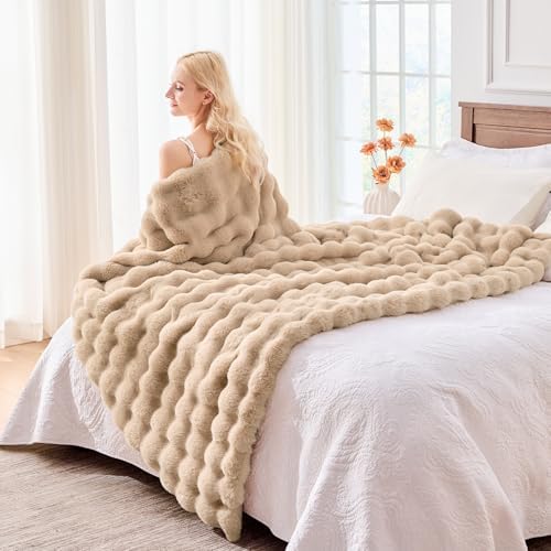 BENVWE Faux Fur Throw Blanket for Couch Bed - Fluffy Soft Thick Bubble Blanket for Living Room Home Decor - Mothers Day Birthday Gifts for Women, Beige, 63" x 80" - Image 4