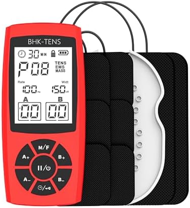 Rechargeable TENS Unit Machine for Pain Relief Therapy, Electronic EMS Muscle Stimulator for Shoulder Pain Relief, TENS&EMS Stimulator for Back Pain, Shoulder Neck Pain Relief, Sciatica Pain, red by BHKTENS