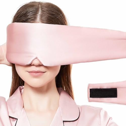 Silk Sleeping Mask Large Wrap-Around Blindfold with Adjustable Velcro Soft Blackout Eye Mask Women (Pink) by SOLZEK