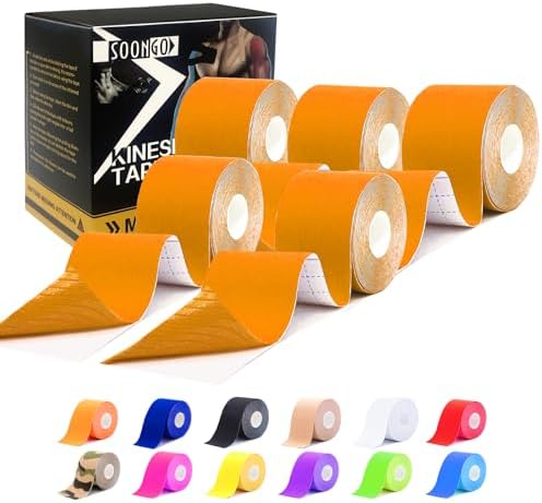 Kinesiology Tape Physio Relieve Muscle Soreness and Strain Shoulders Wrists Knees Ankles Elastic Waterproof Good Air Permeability Hypoallergenic 2 inch x 16 Foot 5 Rolls Orange by SOONGO by SOON+GO