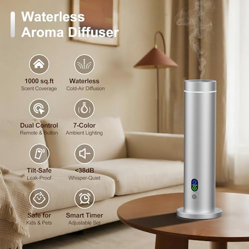 Maromalife Waterless Diffuser, Essential Oil Diffuser, 1000 Sq.Ft Coverage Scent Diffuser – Plug-in Only, Adjustable Mist, Remote, Mood Lights for Home & Office, Large Room, Hotel, Silver - Image 2