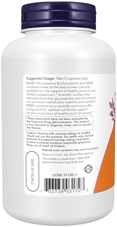 NOW Foods Supplements, Glucosamine & Chondroitin with MSM, Joint Health, Mobility and Comfort*, 180 Veg Capsules - Image 3