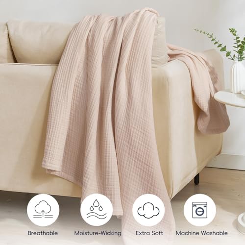 PHF 100% Cotton Muslin Blanket Twin XL Size 66"x90", 4-Layer Lightweight Gauze Throw, Breathable Cloud-Soft Minimalist Blanket for Bed, Couch, Camping & Baby, Dusty Pink, Ideal Gift - Image 5