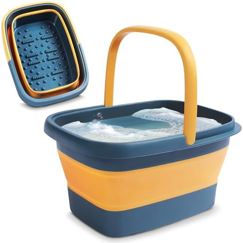 AllSett Health Collapsible Foot Bath – Advance Soaking Tub with Portable Design and Handle – Foldable Pedicure Foot Spa Bowl – Compact and Lightweight Soak with Acupressure Points, Blue and Orange by AllSettHealth