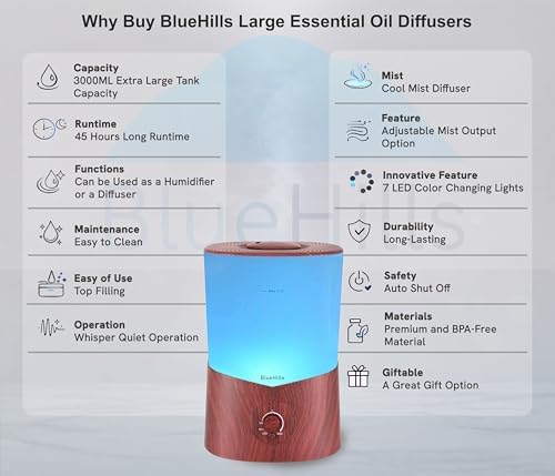 BlueHills Premium 3000 ML XL Essential Oil Diffuser Humidifier 3L Dark Wood - Image 2