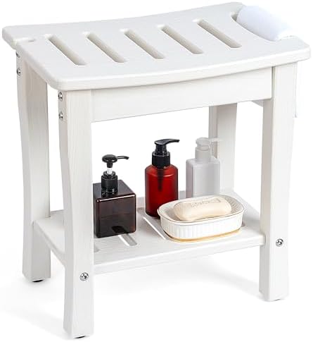 FLYJOE Shower Bench for Shaving Legs, Waterproof HDPE Chair Seat With Storage Shelf and Handles, Spa Stool for Bath Tub Bathroom Indoor Outdoor Use, White by FLYJOE