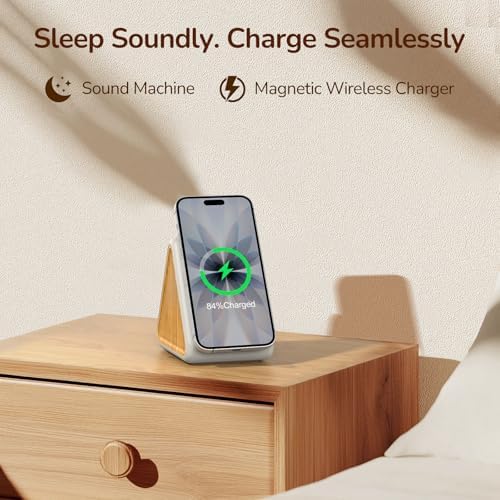 Housbay 2-in-1 White Noise Sound Machine & Magnetic Wireless Charger, Stereo Sleep Sounds, Clutter-Free Bedside Charging Station for iPhone - White Oak - Image 2