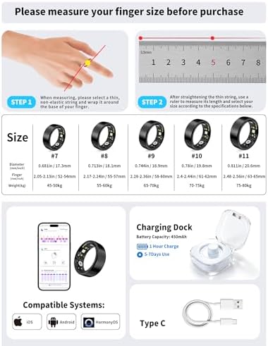 Smart Ring for Women Men Fitness Tracker Heart Rate Sleep Trends 128 Sports Modes Gesture Control Cycle Tracking IP68 Waterproof No Subscription Compatible with iPhone Android (Black, Size 11) - Image 2