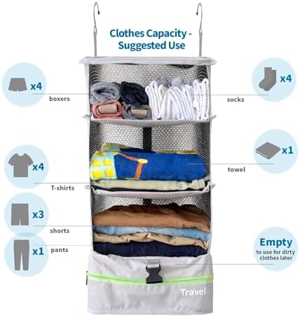 Grand Fusion Stow-N-Go Portable Hanging Travel Shelves, Packing Organizer for Luggage. Carry on Closet with Hanger for Clothes. Expandable Packing Cube. Travel Essentials, Light Gray - L - Image 3