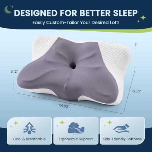 Sweetcrispy Queen Cervical Pillow for Neck and Shoulder - 2 Pack Ergonomic Memory Foam Pillows, Contour Side Sleeper for Adults, Cooling Orthopedic Neck Support for Back Stomach Sleepers, Dark Grey - Image 2