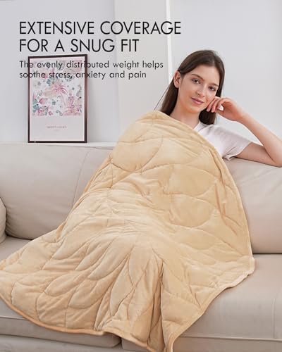 Kaisa Weighted Lap Blanket for Adults, 7 lbs 41" x 53", Leaf Pattern, Khaki - Image 2