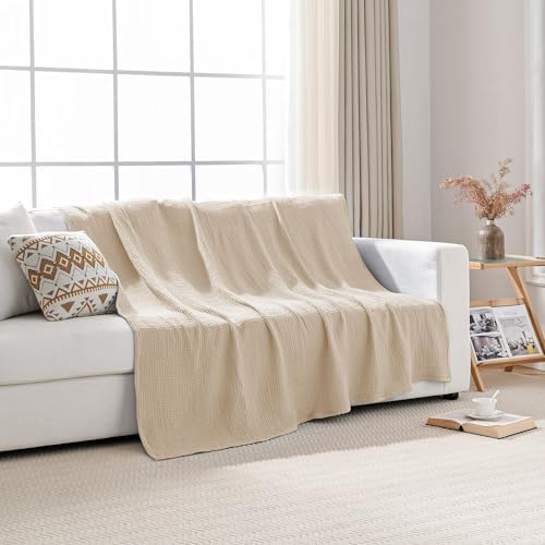 Esterra Muslin Blanket Twin Size Cozy Soft Lightweight Pre-Washed Cotton Blanket, All Season Breathable 4-Layer Gauze Blanket Throw for Couch Bed, Neutral, 66x90 Inches - Image 3