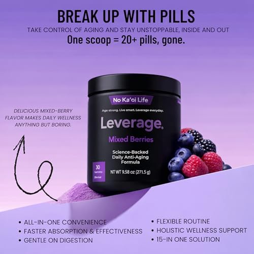 Leverage Mixed Berries Anti–Aging Supplement & Longevity Mix - Daily Wellness Multivitamin Powder with Hyaluronic Acid, L-Glycine & Magnesium for Skin, Energy, Cognitive Function & Joint–30 Servings - Image 2