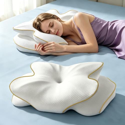 AZBESTPRO Memory Foam Cervical Pillow for Neck Support & Pain Relief, Butterfly Ergonomic Design – 24×15.75×5.7 Inches, Removable 100% Polyester Pillowcase, Suitable for Side & Back Sleepers (Gold) by AZBestPro