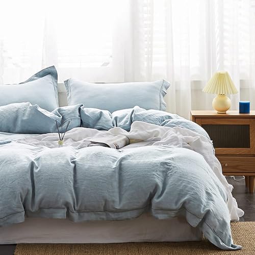 Simple&Opulence 100% Linen Duvet Cover Set with Embroidery Border Washed - 3 Pieces (1 Duvet Cover & 2 Pillow Shams) with Button Closure Soft Breathable Farmhouse - Dusty Blue, Full Size by SimpleOpulence