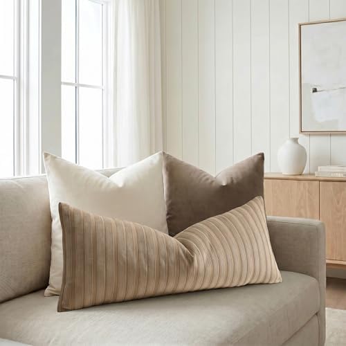 DEZENE 14x36 Khaki Lumbar Pillow Covers Soft Striped Corduroy Neutral Rectangular Long Body Pillow Cases for Couch Sofa Bedroom Living Room Home Decor - Image 5