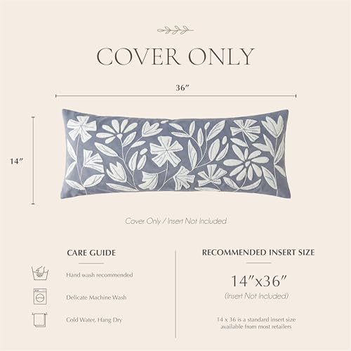 BlissBlush Long Lumbar Pillow Cover 14x36 for Bed, Coastal Dusty Blue Floral Tufted Velvet Accent Oversize Throw Pillowcase for Bedroom, Cover Only - Image 6