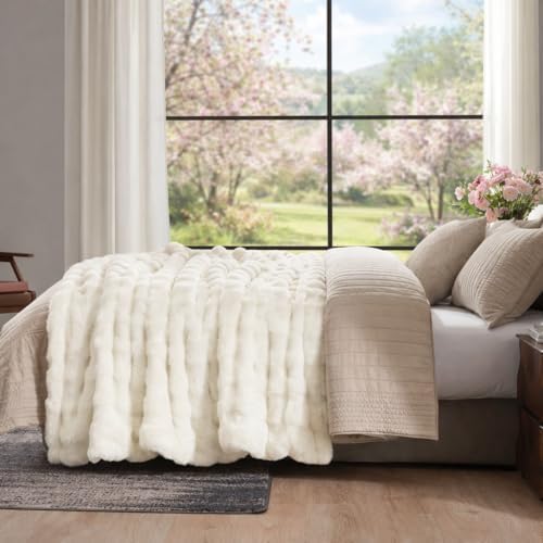 Amélie Home Faux Fur Throw Blanket for Bed, Ultra Soft Fuzzy Plush Bubble Blanket for Bedroom & Bed Decor, 90"x90", Cream White - Image 2