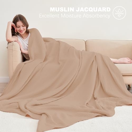 Cosy Family 6 Layer Muslin Bed Blanket - Breathable and Lightweight Gauze Boho Blanket for Spring, Soft 100% Cotton Muslin Blanket, Brown, 80x90 Inches - Image 2