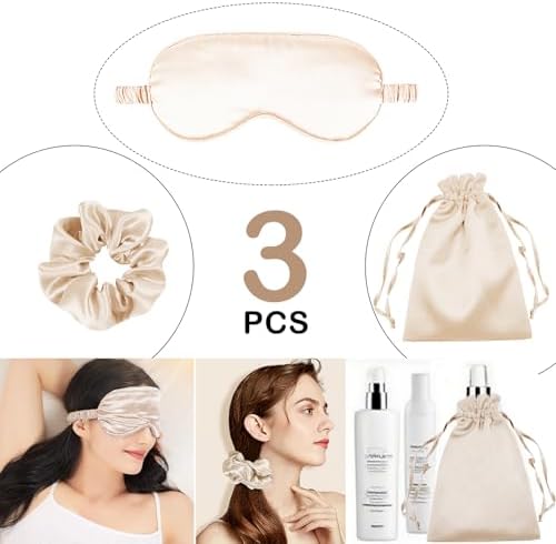 3Pcs Satin Eye Mask Silk Sleep Masks Set Silky Blindfold Eyeshade Blackout Eyes Cover Pouches Bag Scrunchy Wedding Gift- Color Champagne - Image 2
