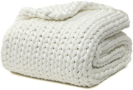 YnM Cooling Weighted Blanket, Handmade Chunky Yarn Knitted Design, Temperature Regulating and Breathable, Machine Washable Throw for Sleep or Home Decor (White, 80x87 Inch, 25lbs) by YNM