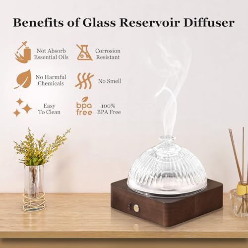 Lecdura Glass Essential Oil Diffuser with Glass Reservoir & WoodBase, 200ml Ultrasonic Lock Color Timer Auto-Off 7 Color Light Aroma Glass Dome Diffuser for Home Office Bedroom Yoga - Dark Brown - Image 3